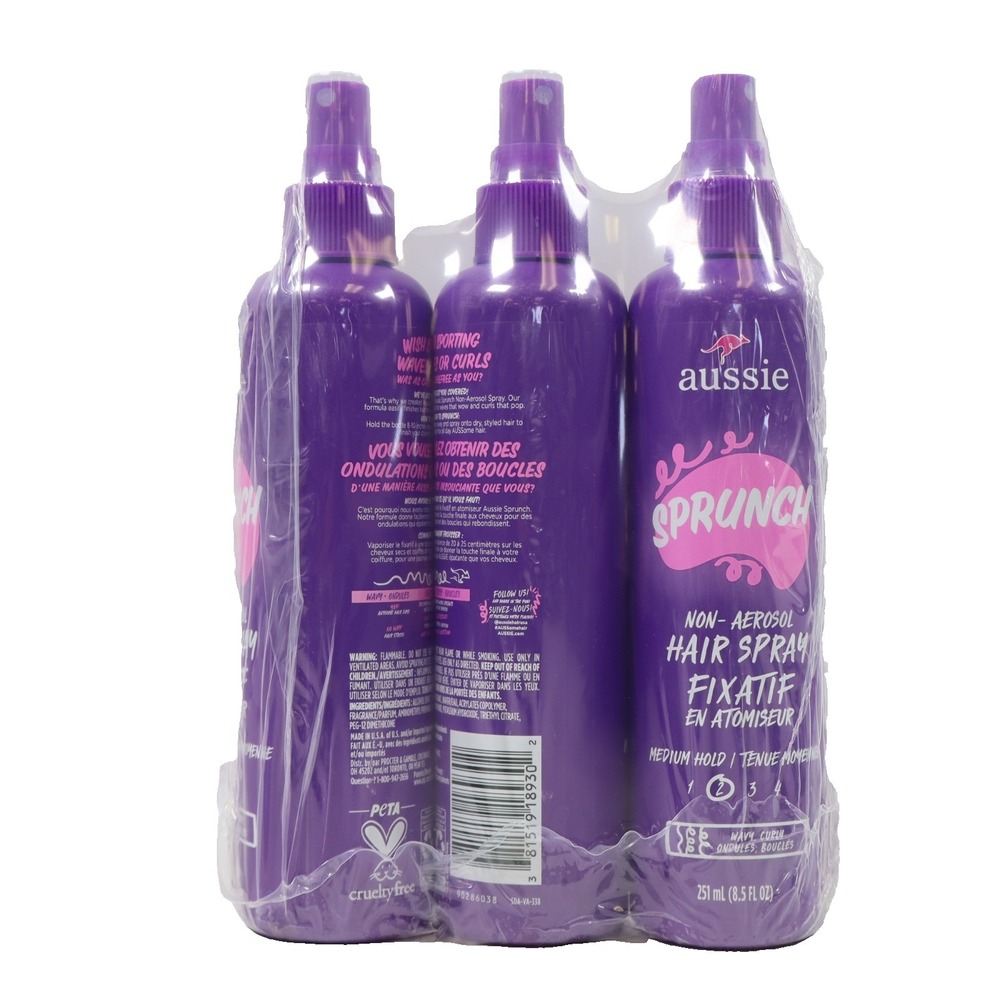 3 PACK Aussie SPRUNCH Non-Aerosol Hair Spray for Curly or Wavy Hair, 8.5oz Each